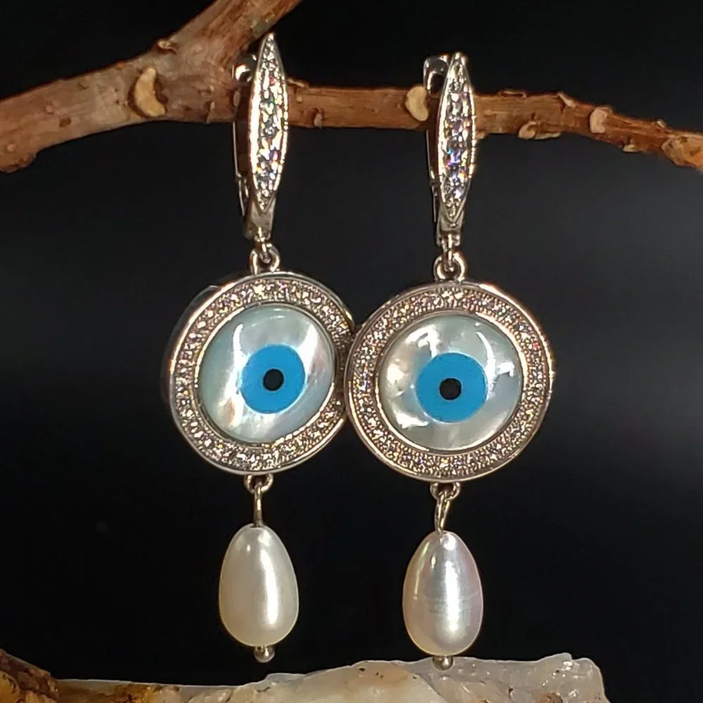 Rhodium Platinum plated Earrings Topaz Pave Pearl Evil Eye Mother Of Pearl